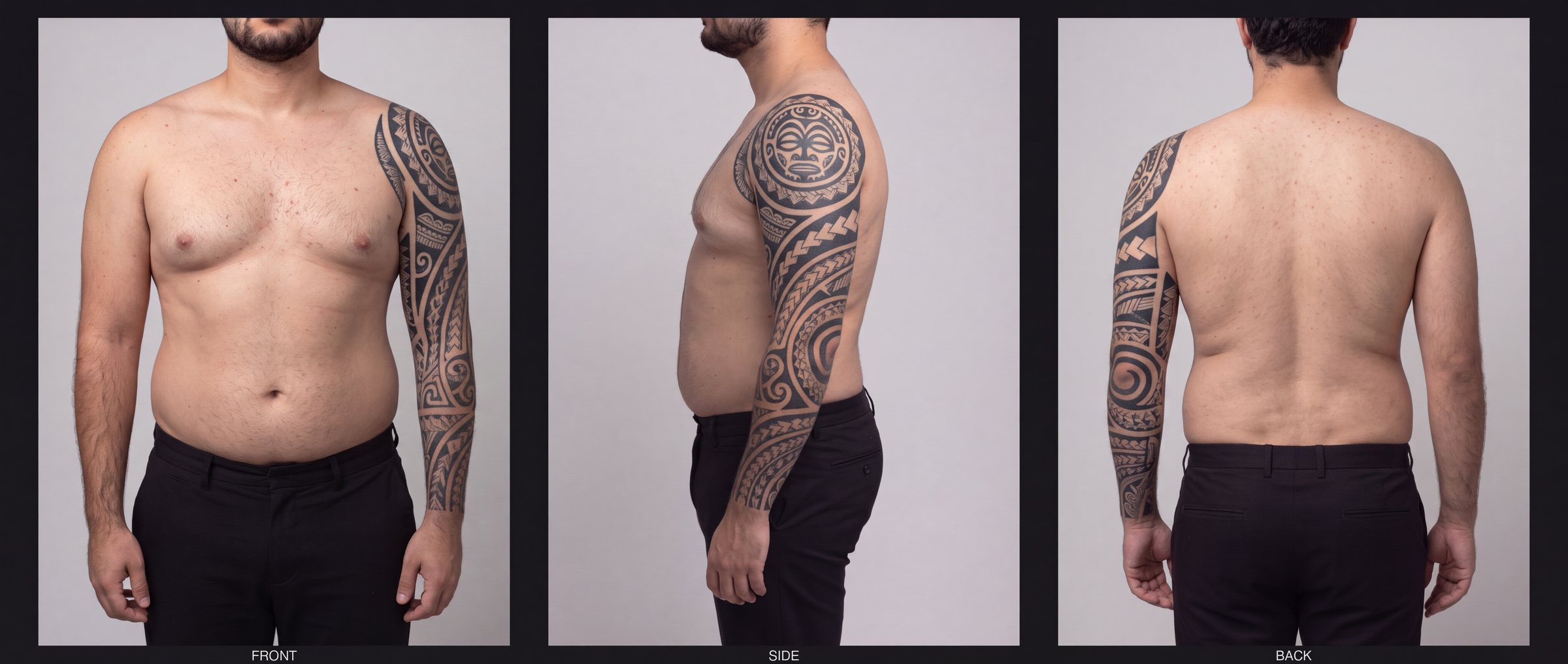 T-02 Polynesian blackwork: front, side and back